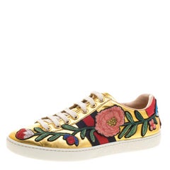 Gucci Gold Leather Ace Embroidered Low Top Sneakers Size 36.5