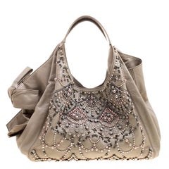 Valentino Beige Leather Pearl Embellished Hobo