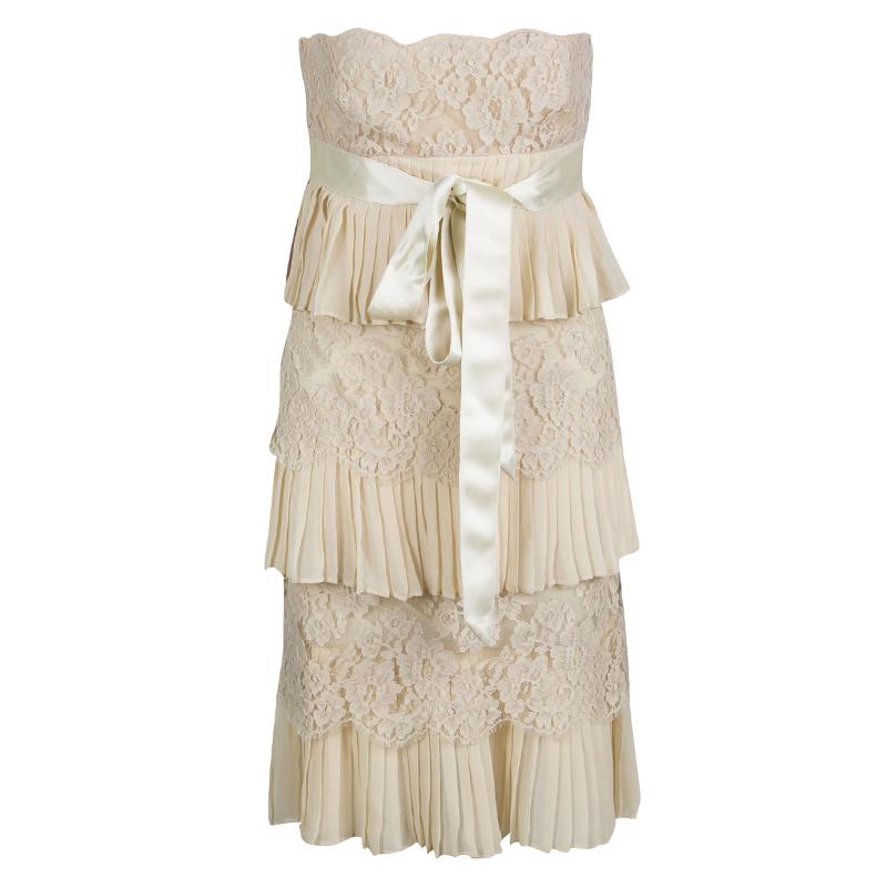 Valentino Beige Pleats and Lace Tiered Strapless Dress S