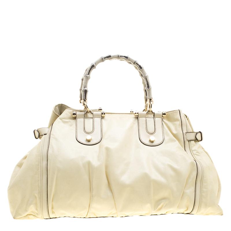 Gucci Cream Leather Large Pop Bamboo Handle Tote Bag