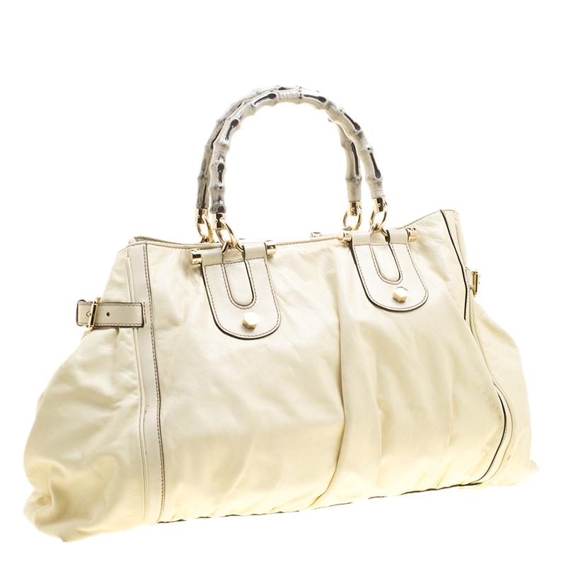 Gucci Cream Leather Large Pop Bamboo Handle Tote Bag 6