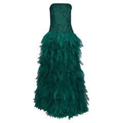 Tadashi Shoji Green Tulle Embroidered Faux Feather Strapless Gown L