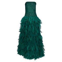 Tadashi Shoji Green Tulle Embroidered Faux Feather Strapless Gown L