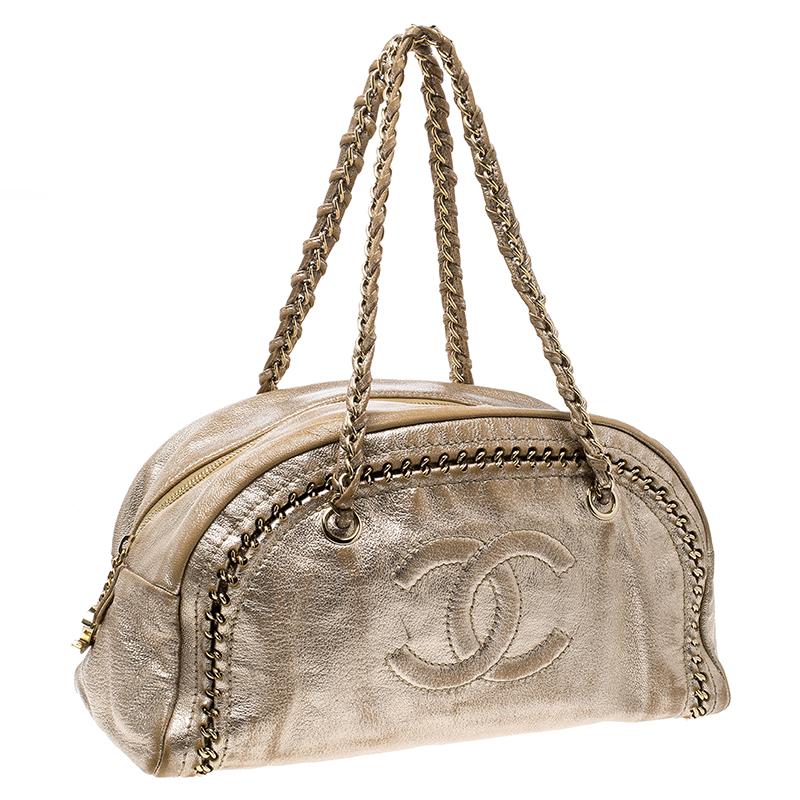 Women's Chanel Metallic Gold Leather Medium Chain Trim Luxe Ligne Bowler Boston Bag