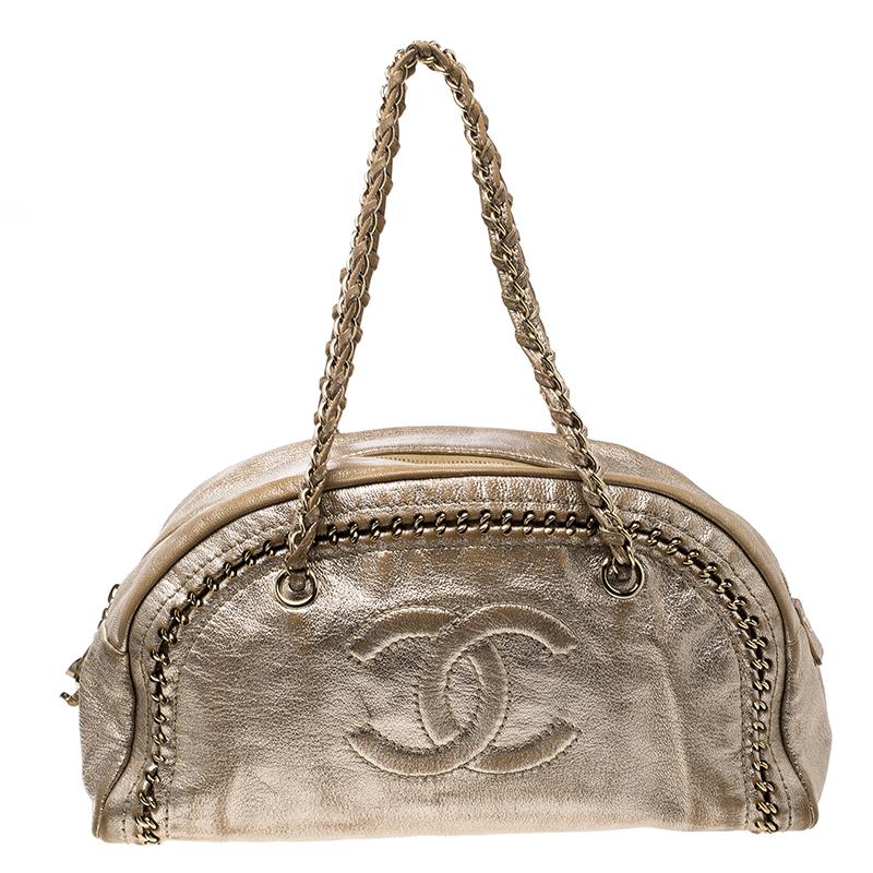 Chanel Metallic Gold Leather Medium Chain Trim Luxe Ligne Bowler Boston Bag