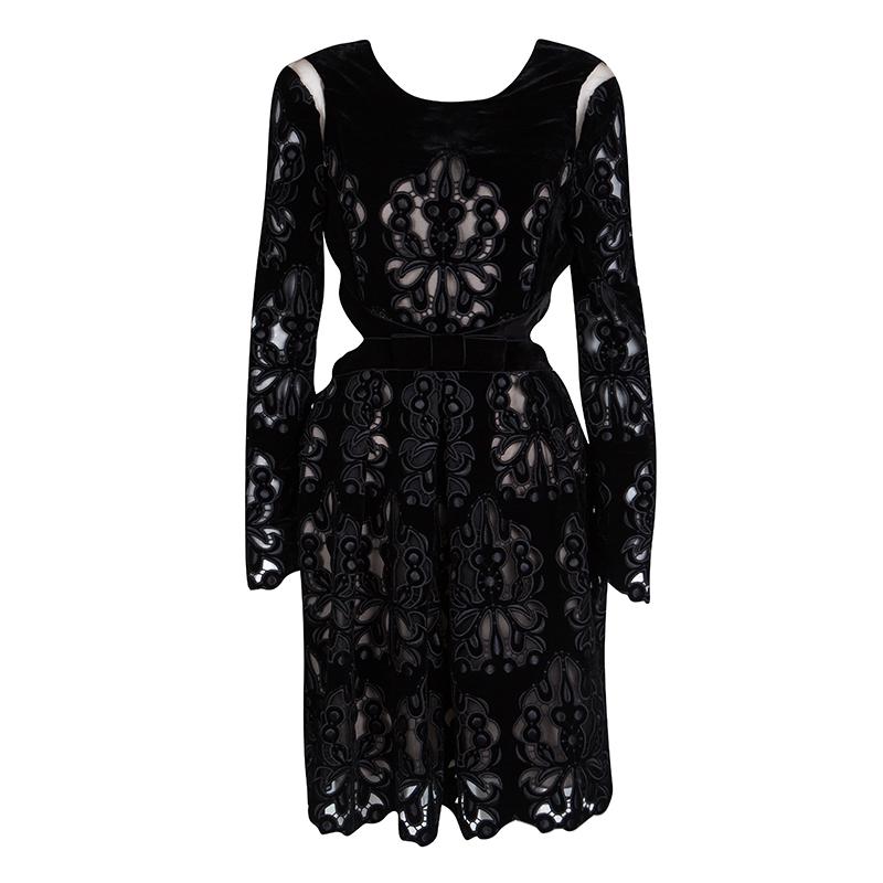 Erdem Black Laser Cutout Detail Embroidered Velvet Franzi Dress M