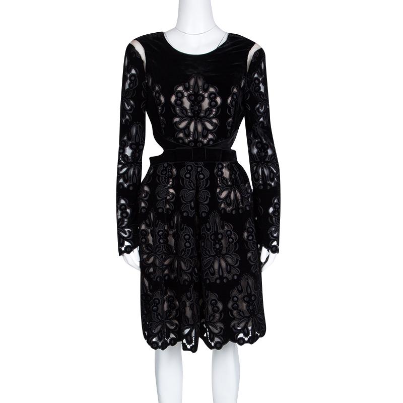 Erdem Black Laser Cutout Detail Embroidered Velvet Franzi Dress M In Excellent Condition In Dubai, Al Qouz 2