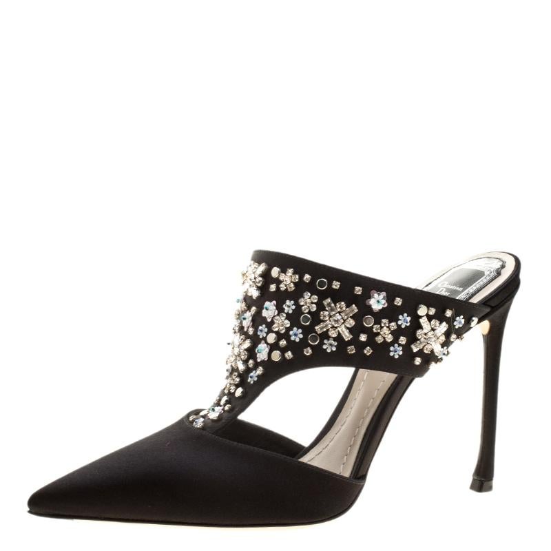 Dior Black Satin Embellished Mule Slides Size 38.5