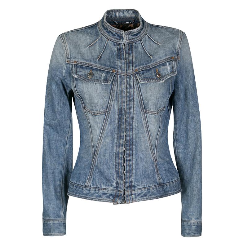 Dolce and Gabbana Blue Faded Effect Distressed Denim Jacket S