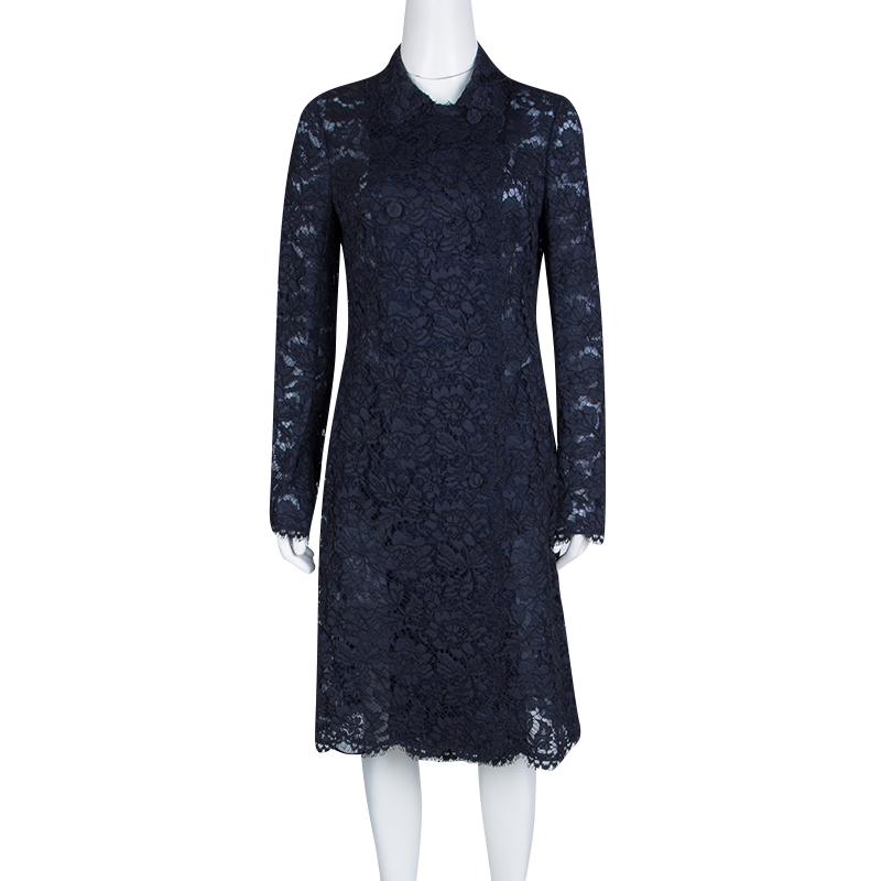 Black Valentino Navy Blue Long Sleeve Double Breasted Scallop Lace Dress M