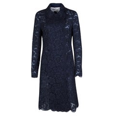 Valentino Navy Blue Long Sleeve Double Breasted Scallop Lace Dress M