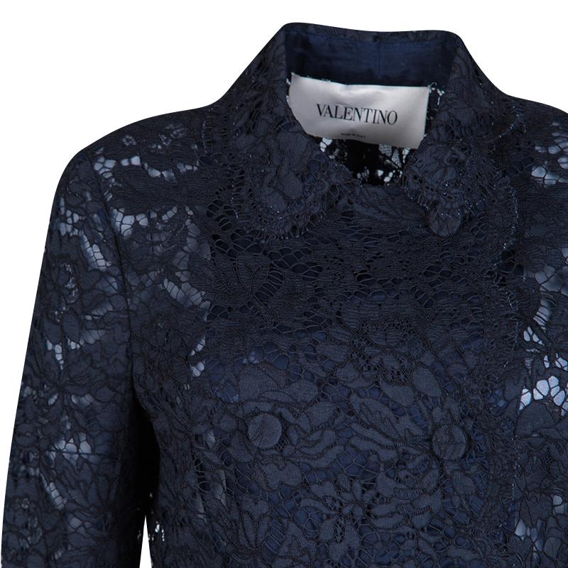 Women's Valentino Navy Blue Long Sleeve Double Breasted Scallop Lace Dress M