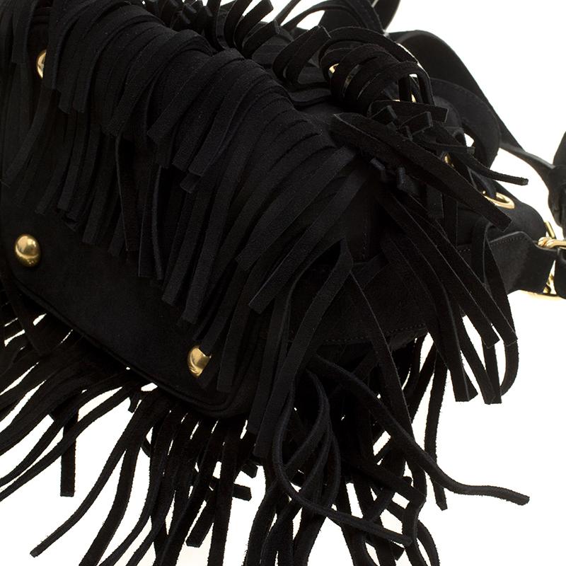 Saint Laurent Paris Black Suede Small Emmanuelle Fringed Bucket Bag 5