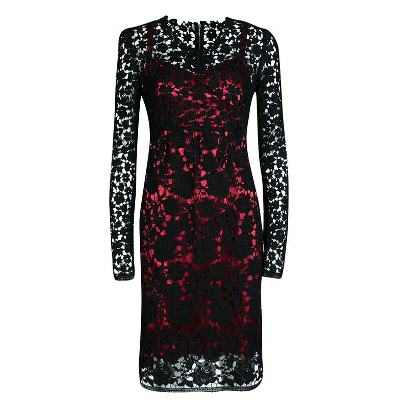 Dolce and Gabbana Black Embroidered Lace Contrast Lined Long Sleeve Dress S