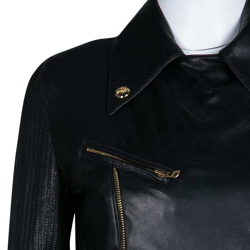 Women's Emilio Pucci Black Lambskin Leather Textured Sleeve Detail Biker Jacket S