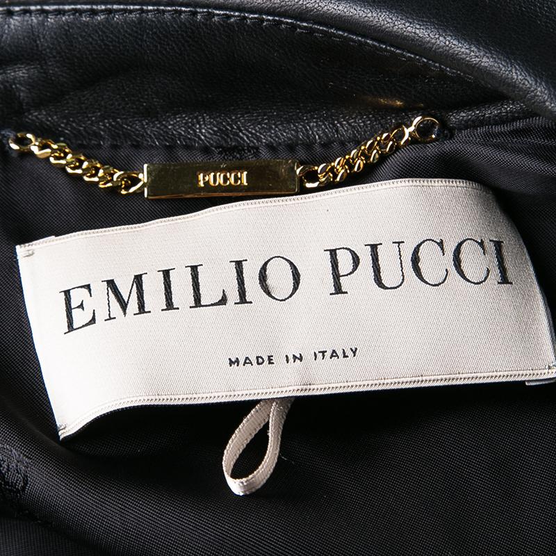 Emilio Pucci Black Lambskin Leather Textured Sleeve Detail Biker Jacket S 1