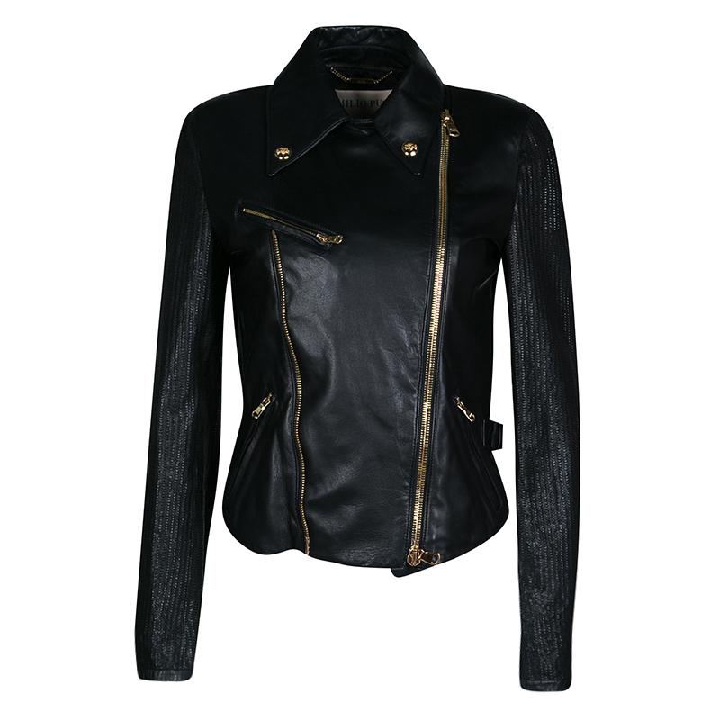 Emilio Pucci Black Lambskin Leather Textured Sleeve Detail Biker Jacket S