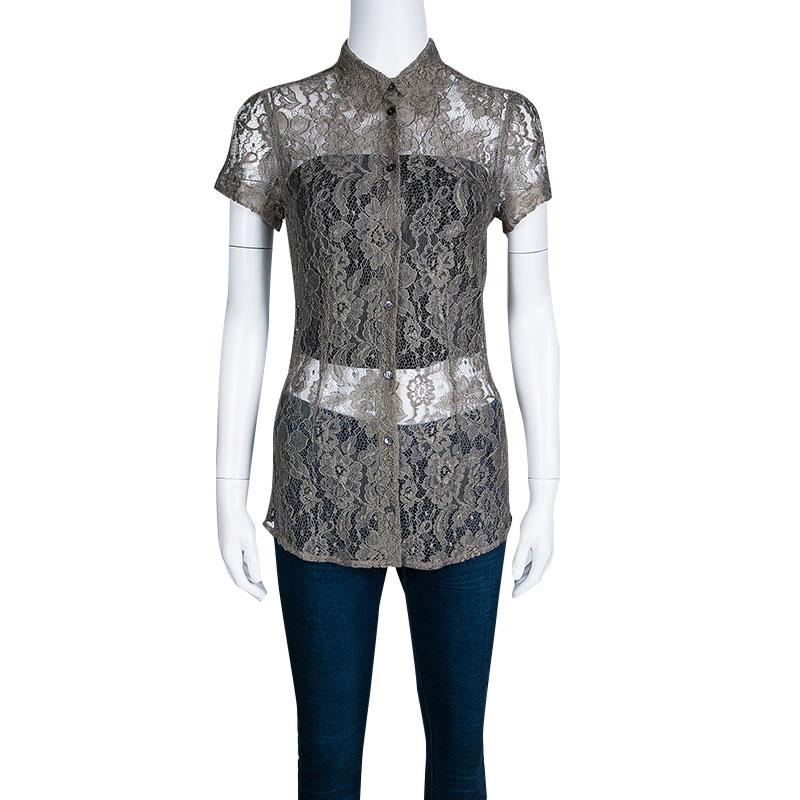 Gray Dolce and Gabbana Khaki Floral Lace Short Sleeve Shirt S