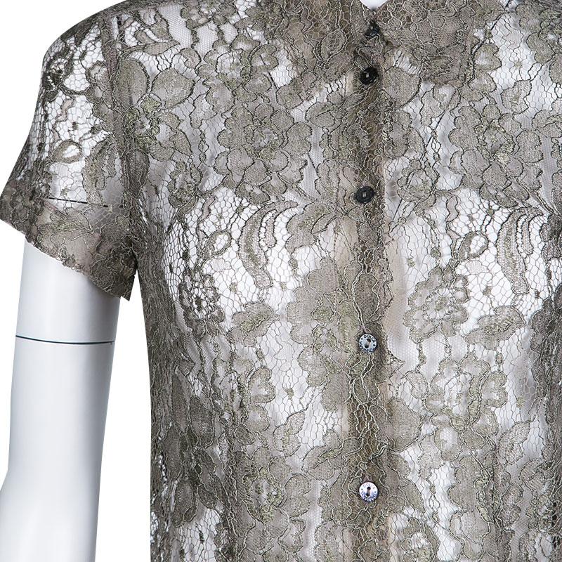 Dolce and Gabbana Khaki Floral Lace Short Sleeve Shirt S In Good Condition In Dubai, Al Qouz 2