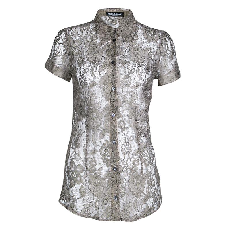Dolce and Gabbana Khaki Floral Lace Short Sleeve Shirt S