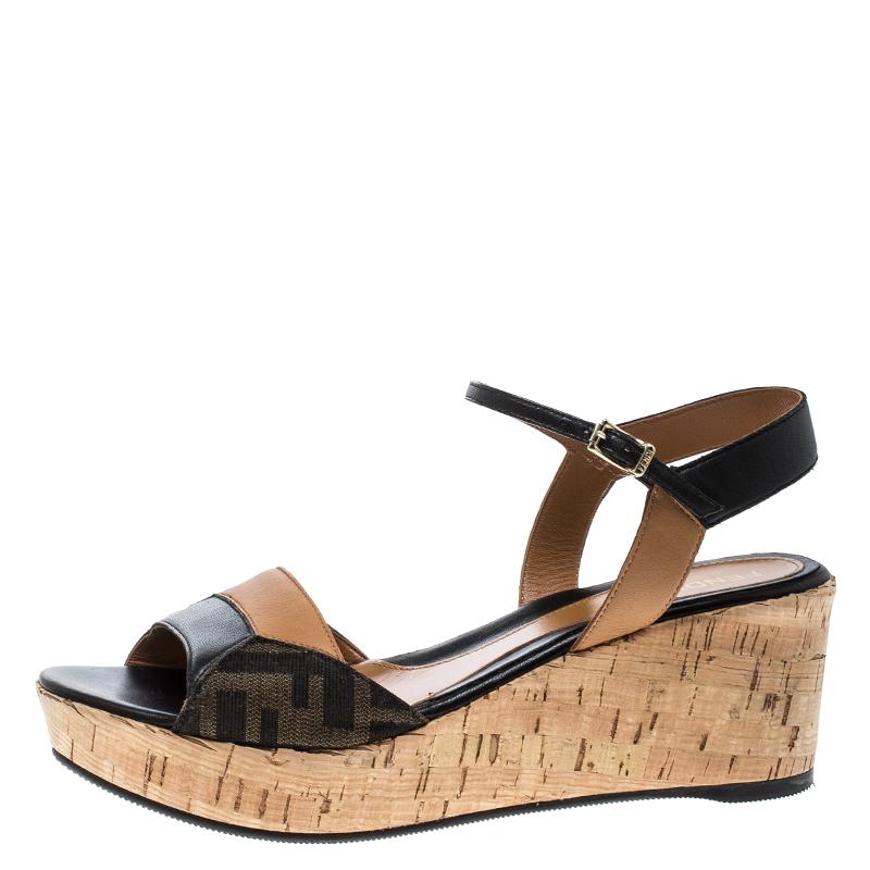 Fendi Brown/Black Zucca Canvas and Leather Wedge Sandals Size 38 2