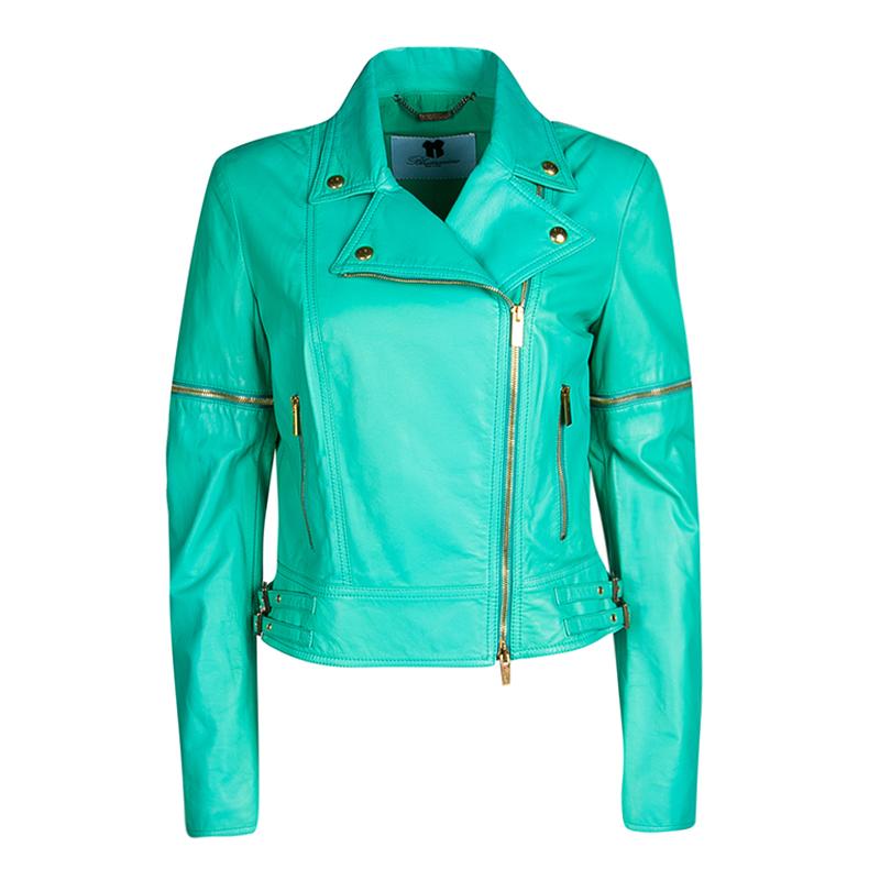 Blumarine Green Lamb Leather Zip Front Jacket M