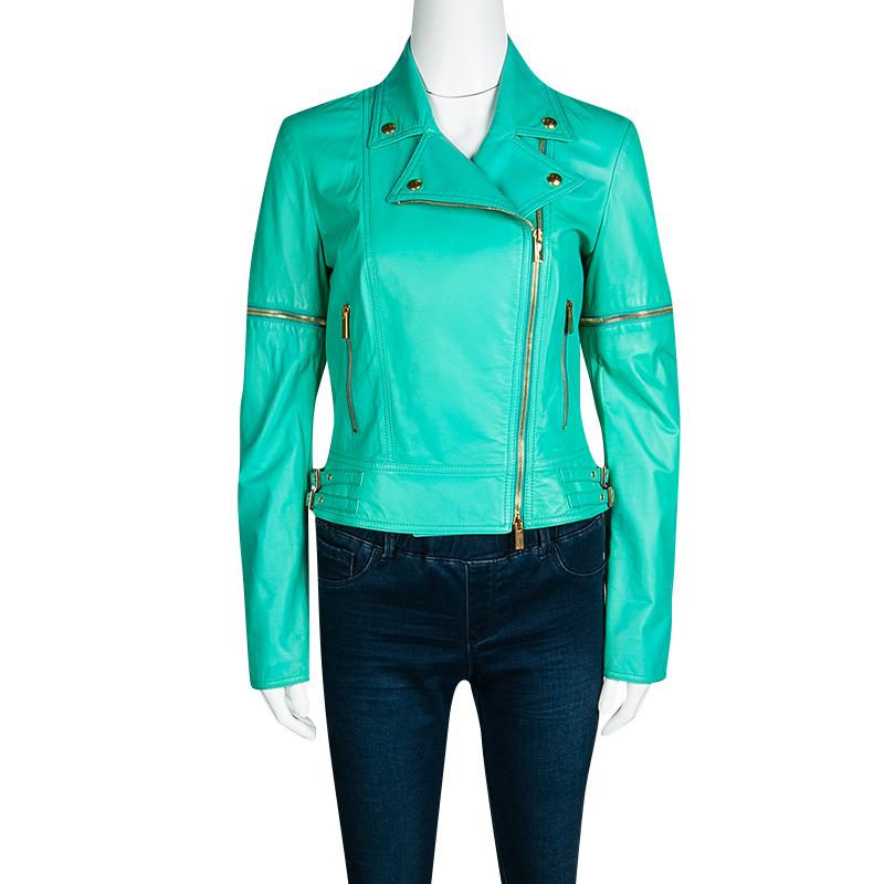 Blumarine Green Lamb Leather Zip Front Jacket M In Good Condition In Dubai, Al Qouz 2