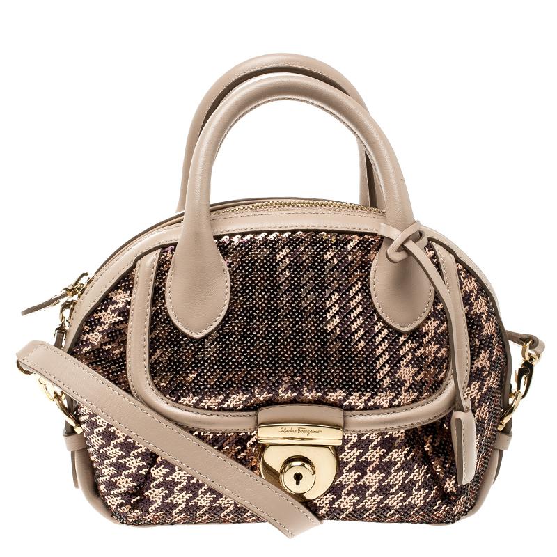 Salvatore Ferragamo Beige/Bronze Sequin Embellished Mini Fiamma Satchel