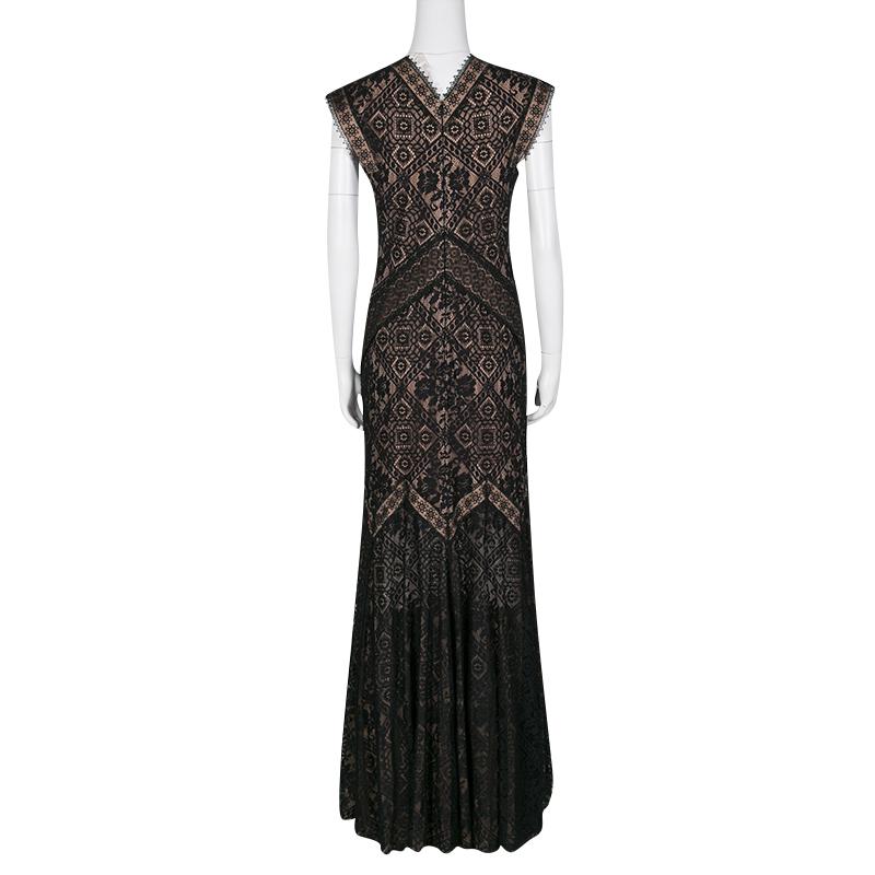 Tadashi Shoji Black and Beige Floral Embroidered Lace Maxi Dress M In New Condition In Dubai, Al Qouz 2