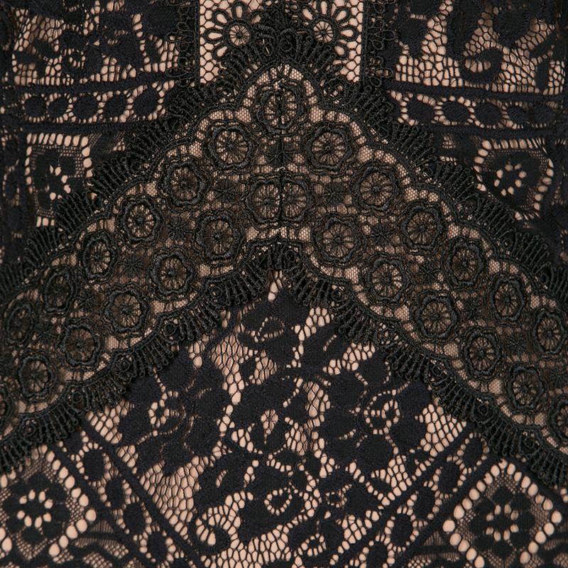 Tadashi Shoji Black and Beige Floral Embroidered Lace Maxi Dress M 2