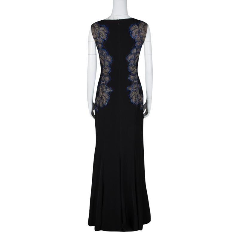 Tadashi Shoji Black Lace Applique Side Panel Detail Embellished Sleeveless Gown  In Good Condition In Dubai, Al Qouz 2