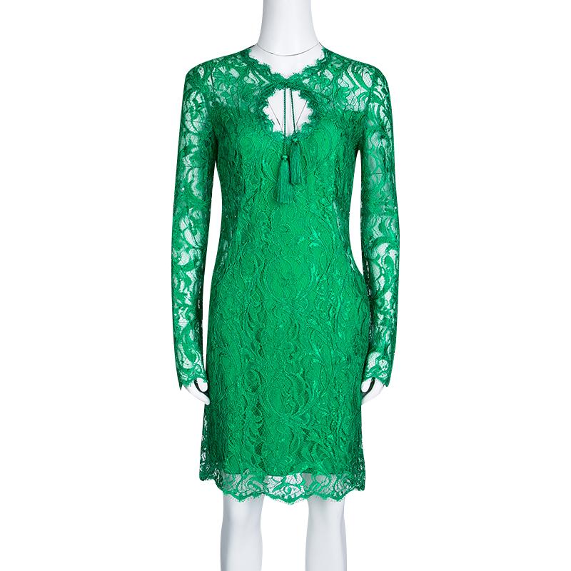 Emilio Pucci Green Embellished Lace Cutout Detail Long Sleeve Dress M In Excellent Condition In Dubai, Al Qouz 2