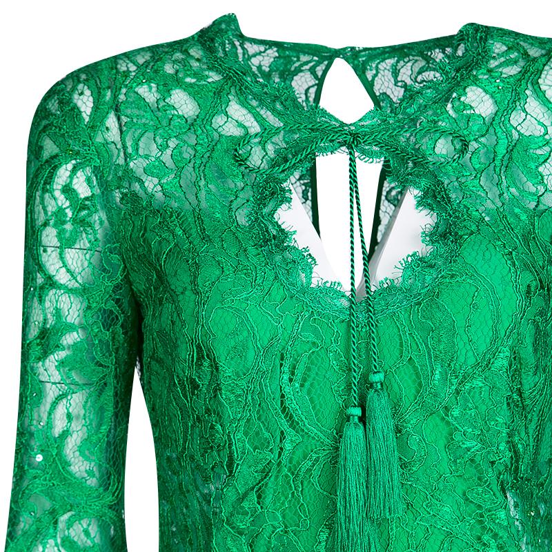Women's Emilio Pucci Green Embellished Lace Cutout Detail Long Sleeve Dress M