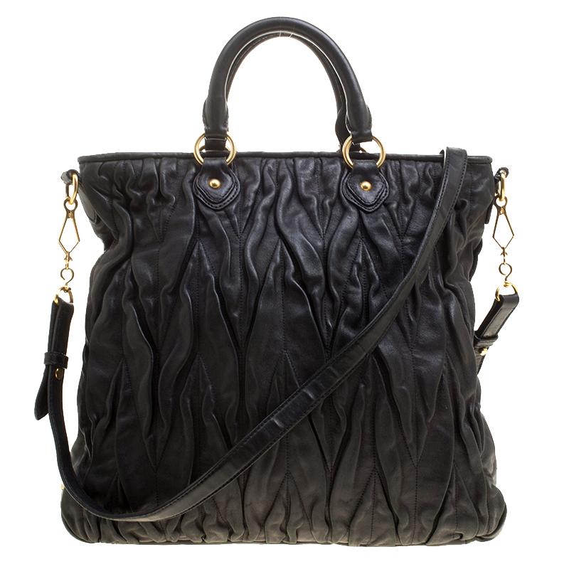 Miu Miu Black Leather Matelasse Tote