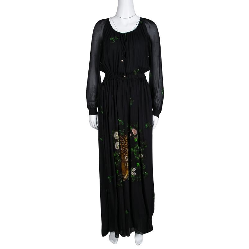 Class by Roberto Cavalli Black Leopard Figure Floral Print Long Sleeve Maxi Dres In Good Condition In Dubai, Al Qouz 2