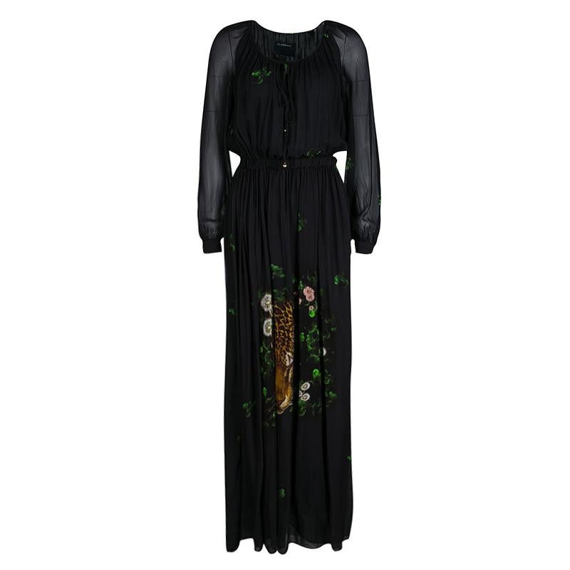 Class by Roberto Cavalli Black Leopard Figure Floral Print Long Sleeve Maxi Dres