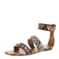 Valentino Hand Painted Tribal Design Studded Leather Flat Sandals Size 37.5