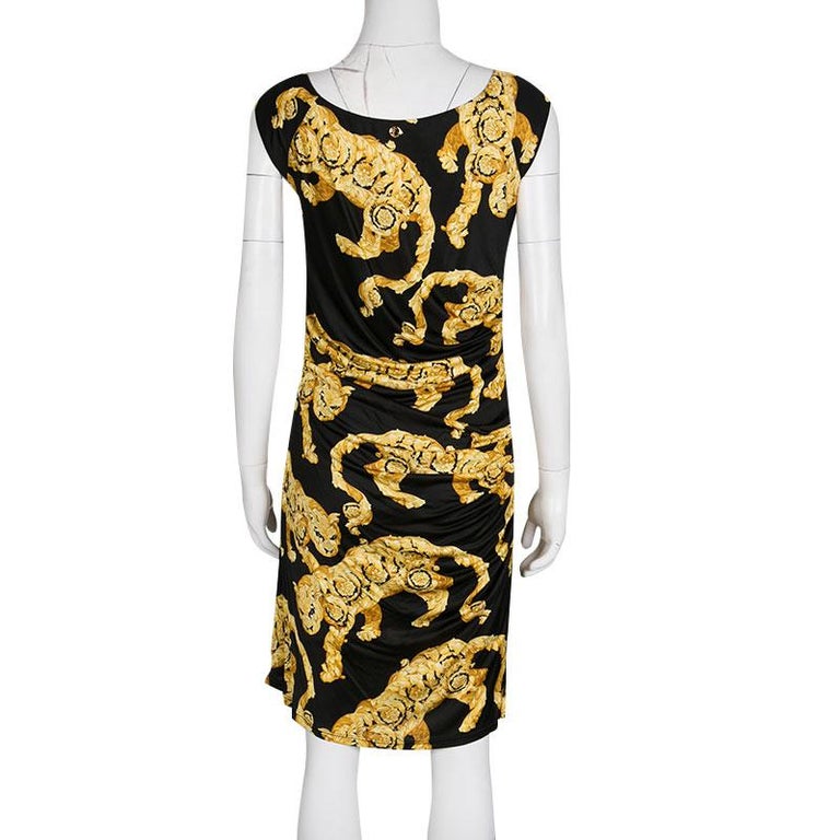 Versace Collection Black and Gold Cat Print Sleeveless Draped Dress M