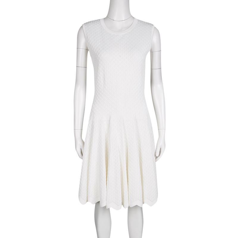 Gray Alaia White Knit Embroidered Chevron Hem Fit and Flare Dress M