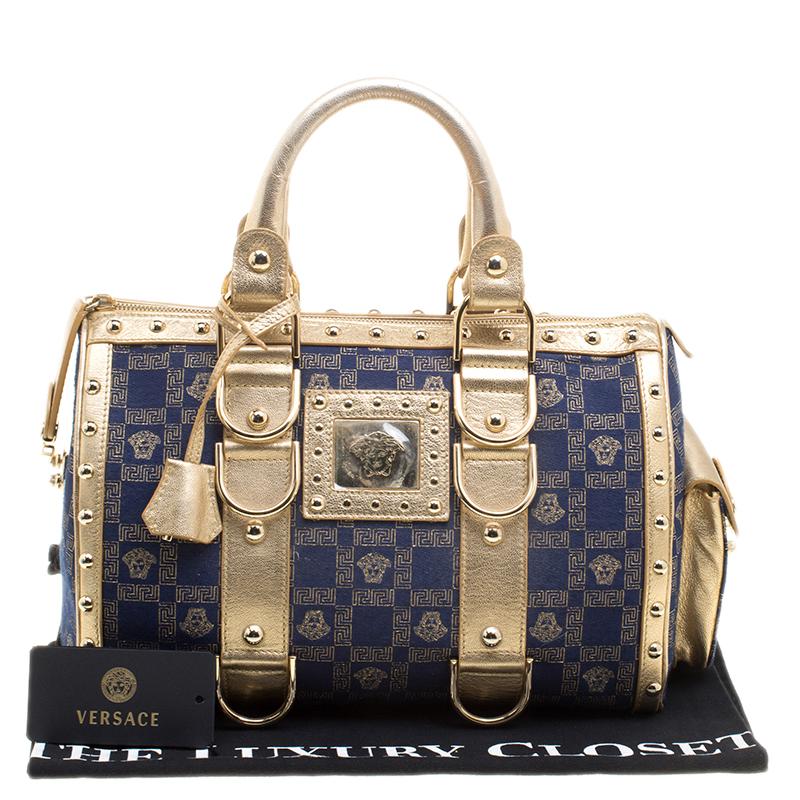 Versace Blue/Gold Fabric and Leather Snap Out Of It Satchel 2