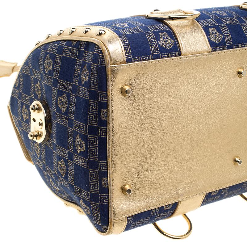 Versace Blue/Gold Fabric and Leather Snap Out Of It Satchel 3