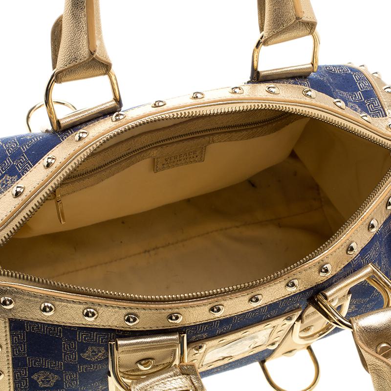 Versace Blue/Gold Fabric and Leather Snap Out Of It Satchel 4