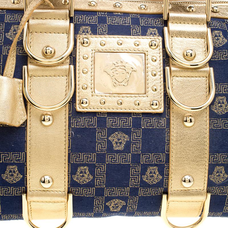 Versace Blue/Gold Fabric and Leather Snap Out Of It Satchel 5