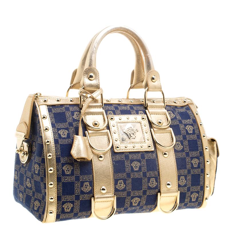 Versace Blue/Gold Fabric and Leather Snap Out Of It Satchel 6