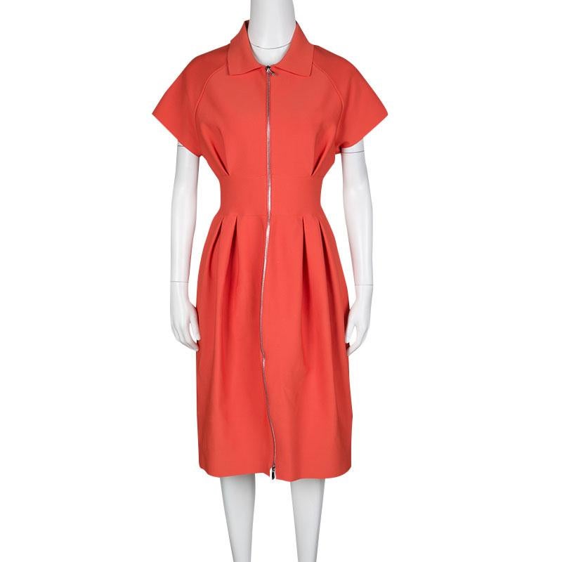 Red Dior Orange Pleat Detail Zip Front Dress M