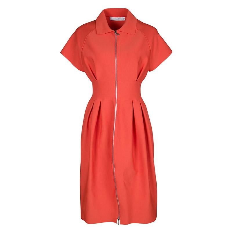 Dior Orange Pleat Detail Zip Front Dress M