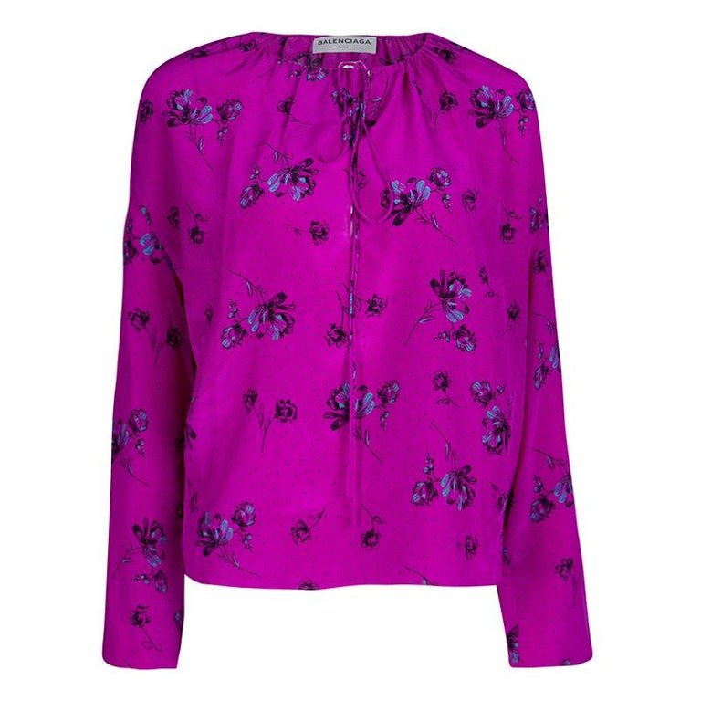 Balenciaga Fuschia Floral Printed Dotted Silk Long Sleeve Blouse M at  1stDibs | balenciaga floral blouse
