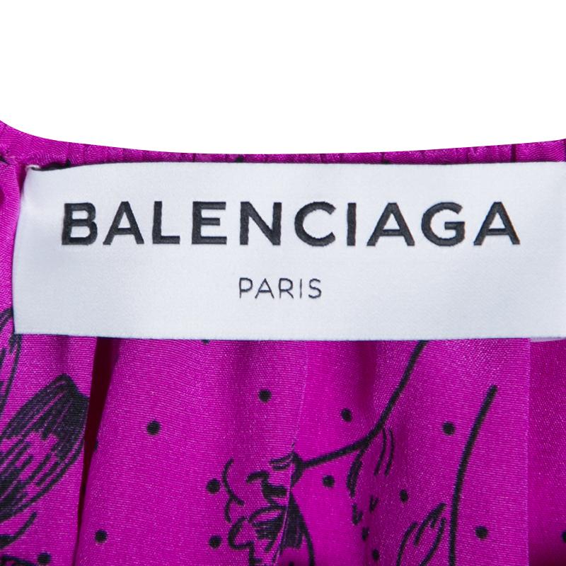 Women's Balenciaga Fuschia Floral Printed Dotted Silk Long Sleeve Blouse M