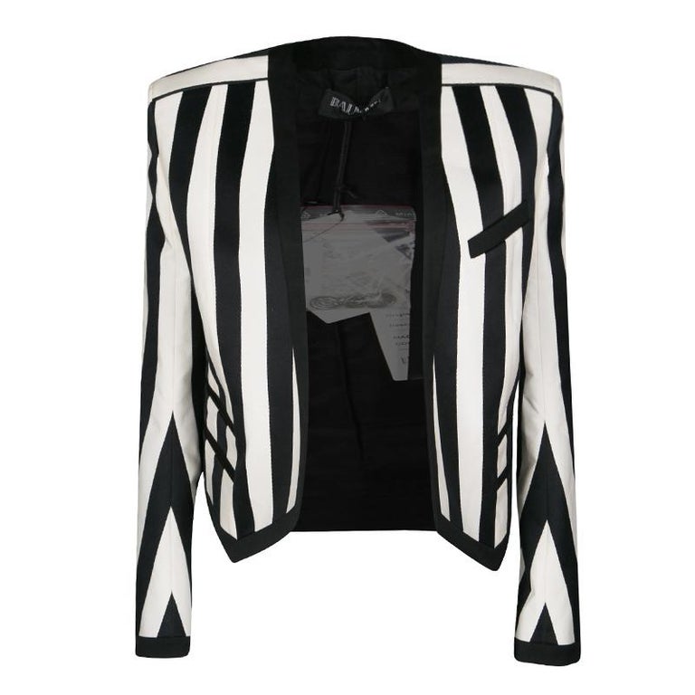 Balmain Monochrome Striped Open Front Blazer M For Sale at 1stDibs