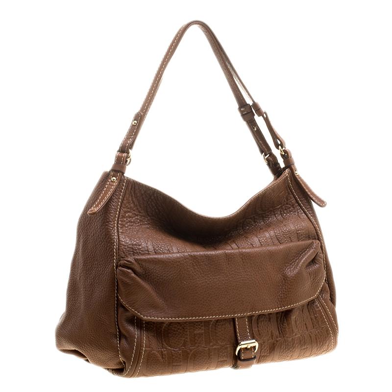 Carolina Herrera Brown Monogram Leather Shoulder Bag 6